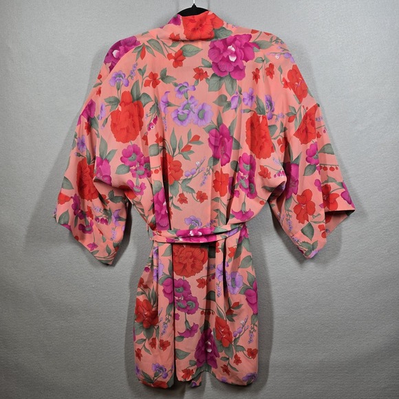 Victoria's Secret Coral Floral Satin Robe with Pink & Purple Blooms - Picture 3 of 5